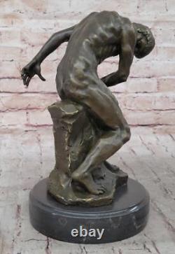 Rodin Realism Style Art Sculpture 100% Bronze On Marble Base Nude Man