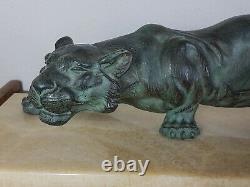 S. Melani (1902-1934) Lion On The Lookout Bronze Art-deco Signed 29 KG Very Good Condition