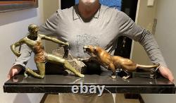 SCULPTURE STATUE NAKED MAN HUNTER BRONZE ART DECO SIGNED BRAULT Ca. 1925-1930