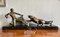 SCULPTURE STATUE NAKED MAN HUNTER BRONZE ART DECO SIGNED BRAULT Ca. 1925-1930