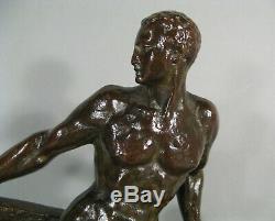 Sailor Helmsman Athlete Nude Sculpture Art Deco Bronze Signed Marcel Guillemard