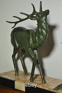 Sculpture Animal Statue Deer Bronze Art Deco Patina Green Base Marble