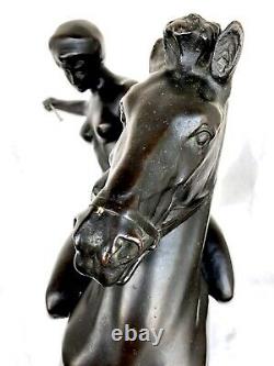 Sculpture Art Deco In Bronze Signed Anton Grath Naked Amazon Woman On Horse