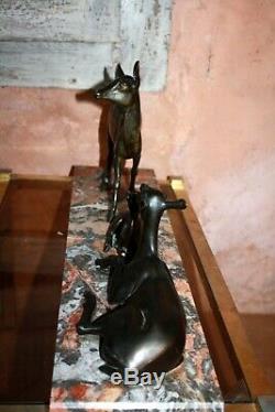 Sculpture Art Deco Irenée Rochard Family Biches Fawn Regule Patina Bronze