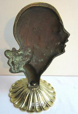 Sculpture Art Deco, Massive Gilt Bronze Woman Bust On Pedestal Bookend