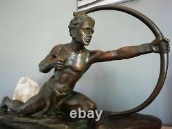 Sculpture Art Deco Signed Patinated Bronze On Marble The Arc Hunter