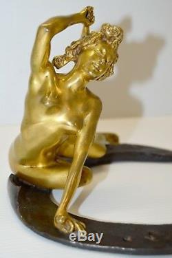 Sculpture Art Nouveau J. Woman Bronze Nue La Chance Georges Recipon Horseshoe