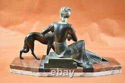 Sculpture Bronze 1925 Art Deco Woman Sitting And Lévrier