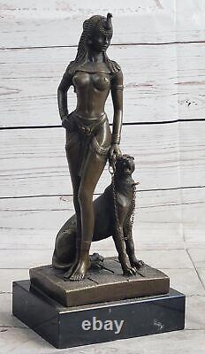 Sculpture Bronze Figure Chair Cleopatra With Panther Font Statue Art