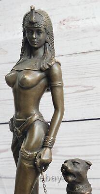 Sculpture Bronze Figure Chair Cleopatra With Panther Font Statue Art