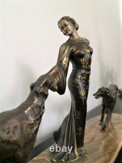 Sculpture, Bronze Statue''woman At Levriers'' Art Deco Signed Erget