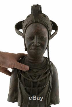 Sculpture Bust Oba Royal Couple Bini Edo Nigeria Bronze 44cm 16956 African Art