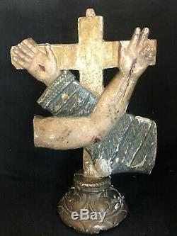 Sculpture Cross Sacred Art Hand & Arm Crusaders Wood Polychrome XIX Century