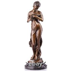 Sculpture Girl with Dove in Bronze Art Nouveau Style On a Black Marble