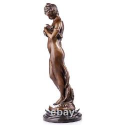 Sculpture Girl with Dove in Bronze Art Nouveau Style On a Black Marble