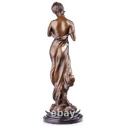 Sculpture Girl with Dove in Bronze Art Nouveau Style On a Black Marble