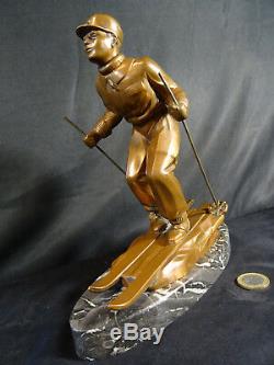 Sculpture Regulates Patina Bronze Skier Art Deco Signed L. Brunswick The Descent