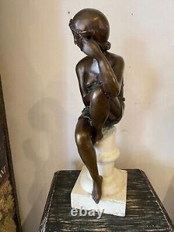 Sculpture of Woman in Bronze Art Deco Style on White Stone Pedestal