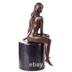 Sculpture of a Nude Woman in Bronze Sitting on a Black Marble Art Deco After Claude