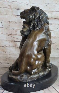 Signed Barye African Lion With / Family Bronze Sculpture Art Deco Marble