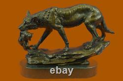 Signed Barye Wolf With Lionceau Bronze Sculpture Statue Marble Base Art Gift