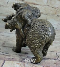 Signed Black Bear Mother Cub Western Art Bronze Statue Sculpture Decor Figurine
