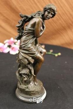 Signed French Roche Fair Maiden Bronze Sculpture Art Deco Marble Base Figurine