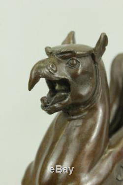 Signed Griffin Rock Bronze Marble Sculpture Statue Art Deco Mythical Figurine