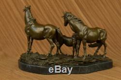 Signed Mene 3 Standing Horses Base Marble Art Figurine Bronze Sculpture Statue