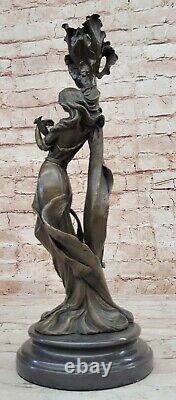 Signed Milo Style Art Nouveau Bronze Woman Candleholder Statue Figurine Decor