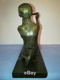 Statue Sculpture Art Deco Woman Musician At Fawn 1920/1930 Signed