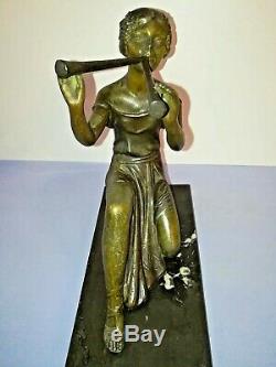 Statue Sculpture Art Deco Woman Musician At Fawn 1920/1930 Signed