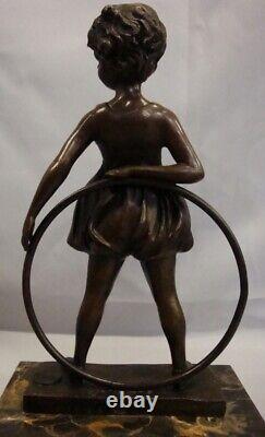 Statue Sculpture Girl Hoop Art Deco Style Art Nouveau Solid Bronze