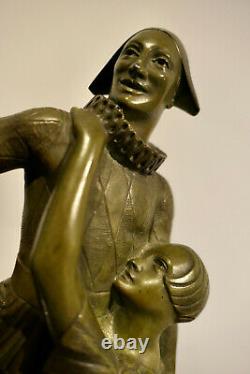 Superb And Great Harlequin Sculpture And Colombine In Bronze Period Art Deco