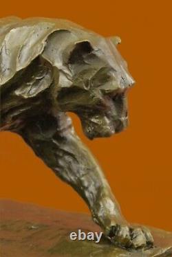 True Bronze Metal Statue On Marble Base Female Lion Sculpture Art Deco