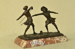 Two Fencer Fencing Bronze Sculpture Figurine Statue Marble Base Art Sport