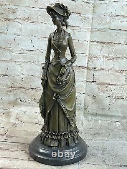 Victorien Lady Signed Sculpture Elegant Art Nouveau Bronze Statue Figure Deco