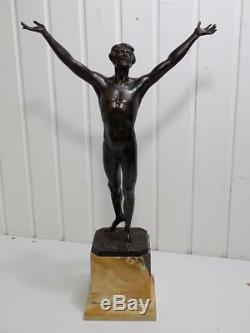 Vintage Art Nouveau Bronze Schmidt-hofer Nude Sculpture Figurine Athlet 20. Jhd