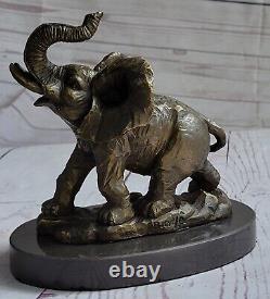 Vintage Bronze Elephant Statue Sculpture On Marble Base Art Deco Signed
