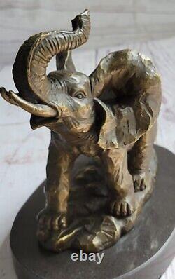 Vintage Bronze Elephant Statue Sculpture On Marble Base Art Deco Signed