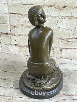 Western Art Deco Sculpture Nude Woman Girl Signed Bronze Statue Figure Decor