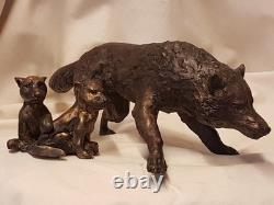 Wolf and Wolf Cubs Bronze Animal Art Sculpture Signed LE CANN, Numbered