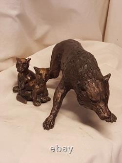 Wolf and Wolf Cubs Bronze Animal Art Sculpture Signed LE CANN, Numbered