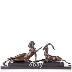 Woman sculpture with bronze antelope in Art Deco style by Aldo Vitaleh