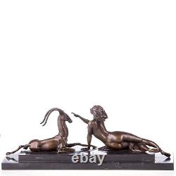 Woman sculpture with bronze antelope in Art Deco style by Aldo Vitaleh