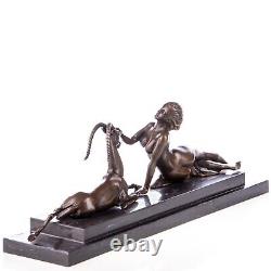 Woman sculpture with bronze antelope in Art Deco style by Aldo Vitaleh