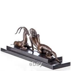 Woman sculpture with bronze antelope in Art Deco style by Aldo Vitaleh