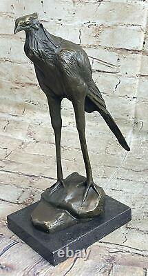 100% Solide Bronze Sculpture Bugatti Faune Cigogne Oiseau Statue Figurine Art