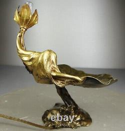 1900 E. Maurel Lampe Veilleuse Sculpture Art Nouveau Bronze Dore Femme Fleur Nue