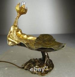 1900 E. Maurel Lampe Veilleuse Sculpture Art Nouveau Bronze Dore Femme Fleur Nue